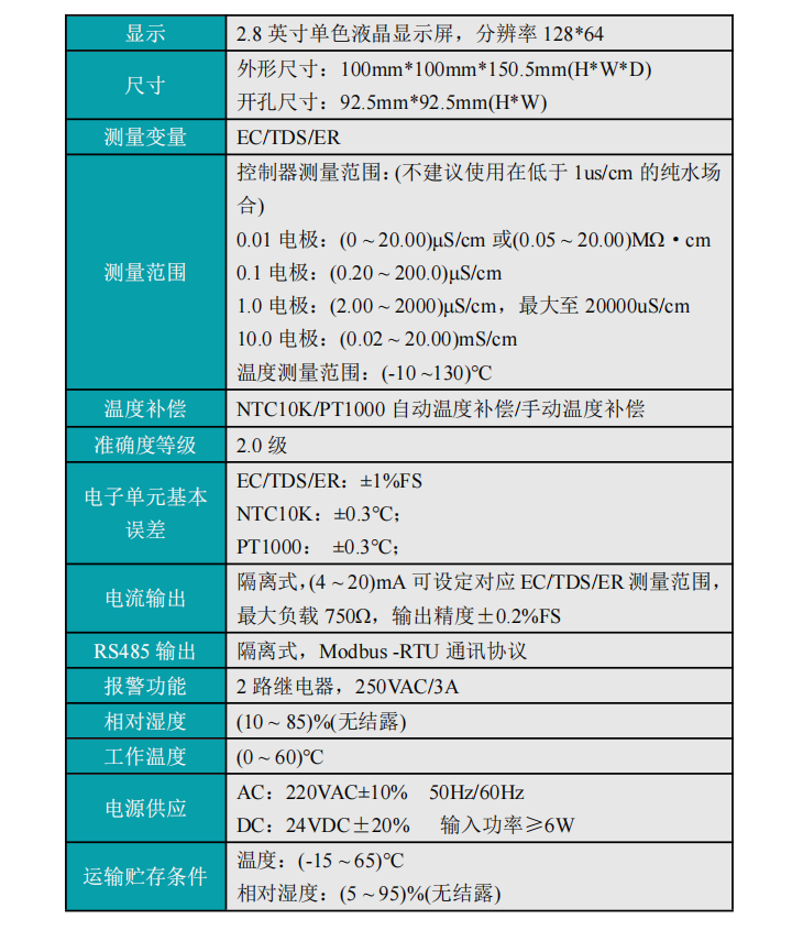 米科MIK-TDS210-B在線電導(dǎo)率測(cè)試儀參數(shù)表