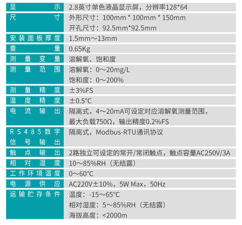 米科膜法溶氧儀MIK-DM2800產品參數