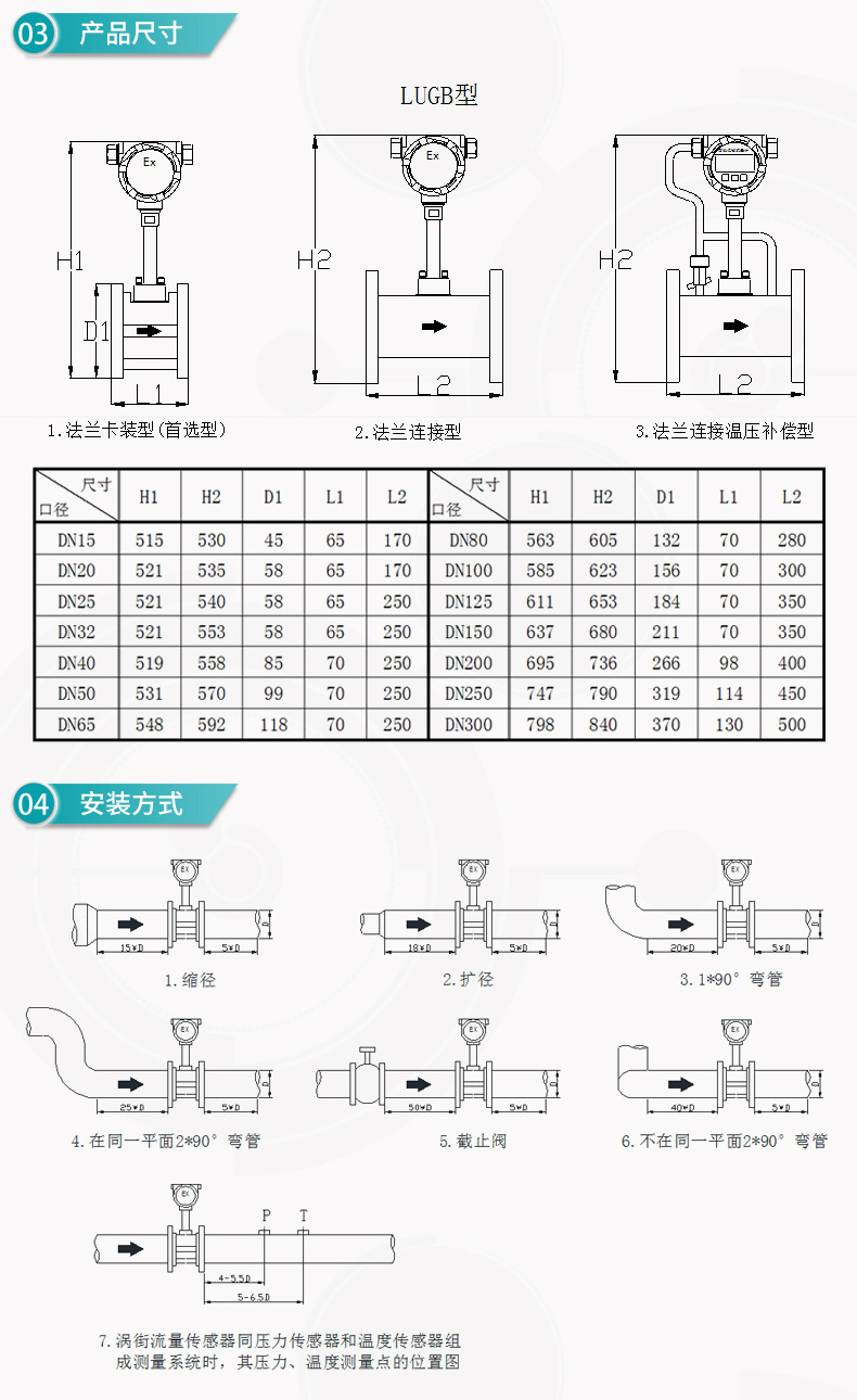 米科LUGB-MIK渦街流量計產品尺寸和安裝