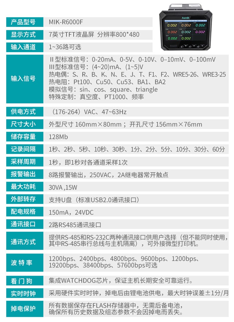 米科MIK-R6000F新款無紙記錄儀參數