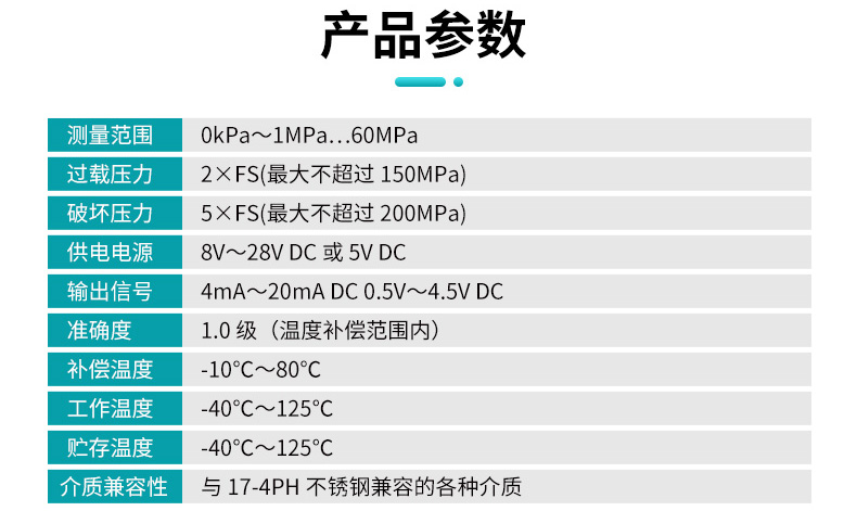 米科MIK-PF100玻璃微熔壓力變送器產品參數